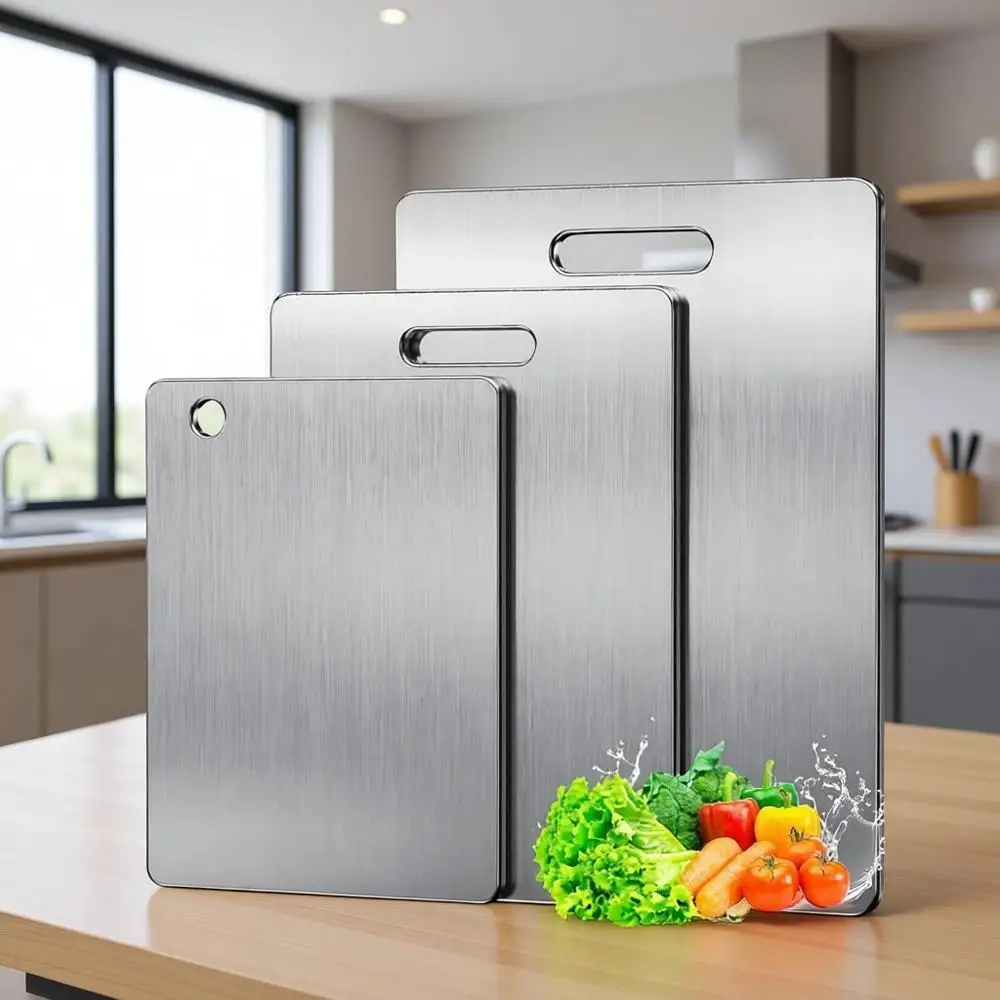 

Triple Set of Non-Toxic, Double-Sided Titanium Chopping Boards for Kitchen and Camping (15.6x11, 13x9.3, 11.8x7.8 inches)