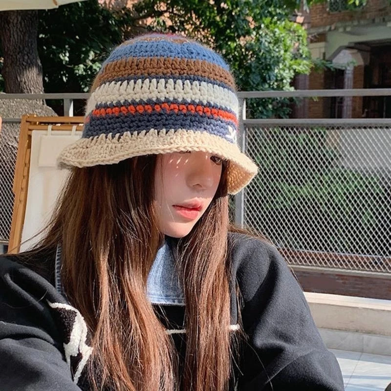 

Женская вязаная шапка-бини Y2K, красочная полосатая шляпа, популярная пляжная шляпа, головные уборы для вечеринок