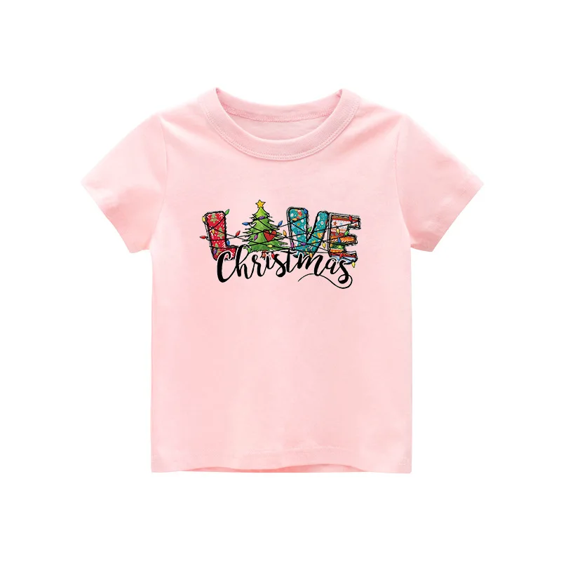 Christmas T-shirt Children's Pink Short-sleeved Monogram Print Round Neck Tshirt Boys Clothes