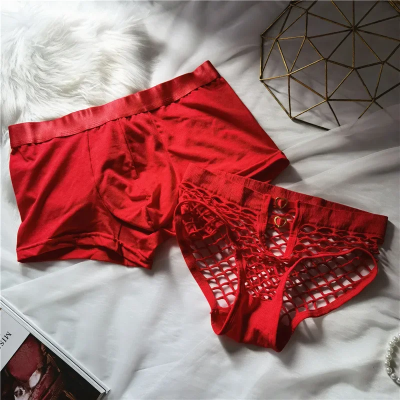 2Pcs Men and Women\'s Red Boxer Shorts, Underwear For Couples, New Year Red Panties, Sexy Woman Briefs