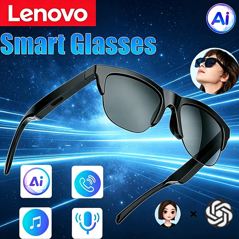 

Lenovo Smart AI Glasses Bluetooth Call Music Control Wireless Fashion Earbuds Gift Earbuds for Men Women Sports Sunglasses New