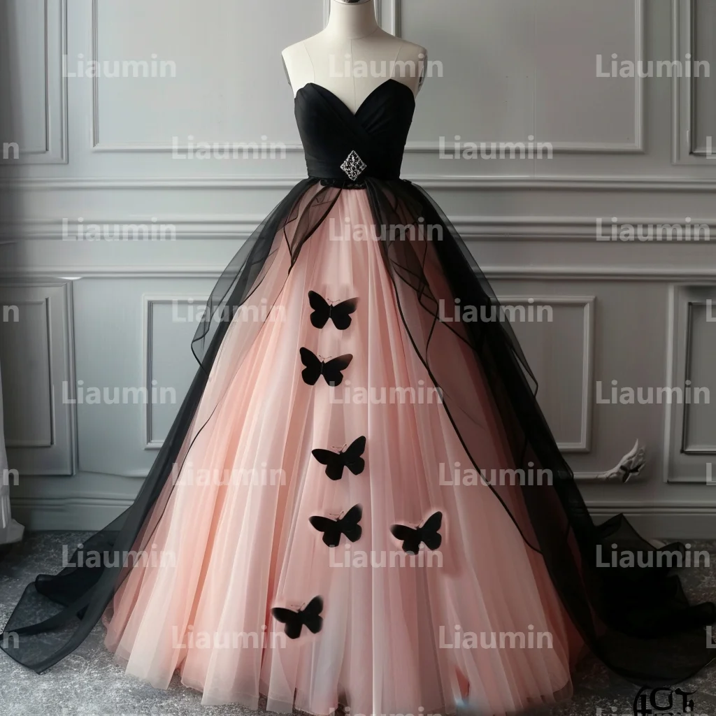 Abiti da sposa in Tulle rosa e farfalla nera abiti da sposa lunghezza del pavimento abbigliamento formale per feste di compleanno fatto a mano personalizzato W15-30