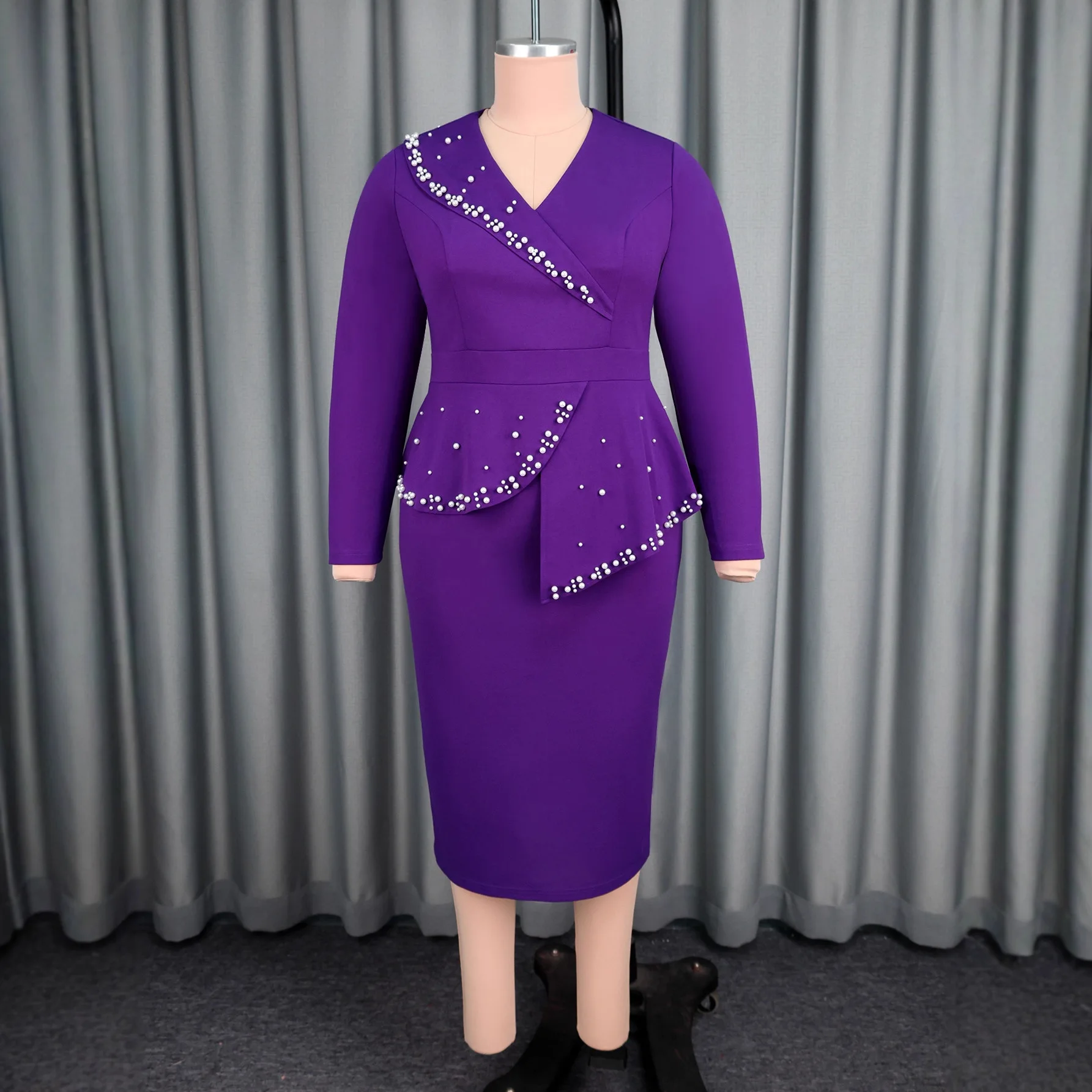 Abito da sera elegante da donna taglie forti, viola, con scollo a V, maniche lunghe, volant e strass - Vestidos De Mujer