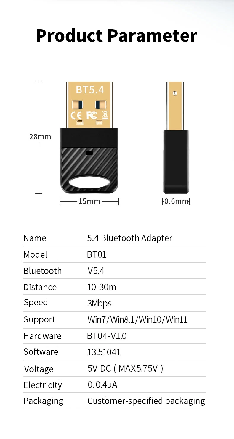 10 قطع محول USB BT 5.4 وضع مزدوج (BLE+EDR)، التوصيل والتشغيل، Win 11/10/8.1، يدعم 7 أجهزة
