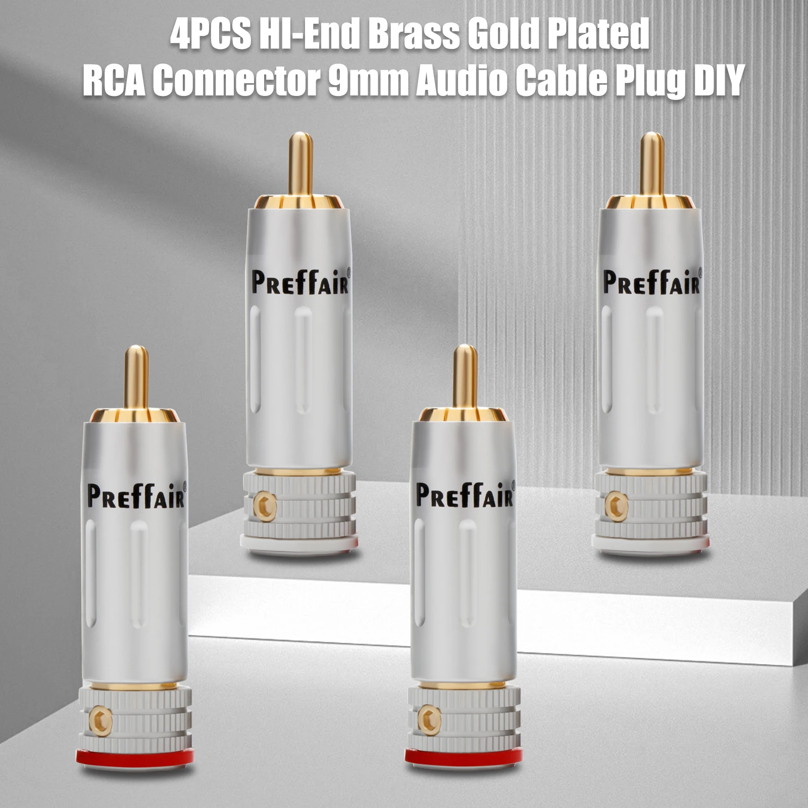 4-Piece High-End Brass 24K Gold-Plated RCA Connector, 9mm Audio Cable Plugs for DIY