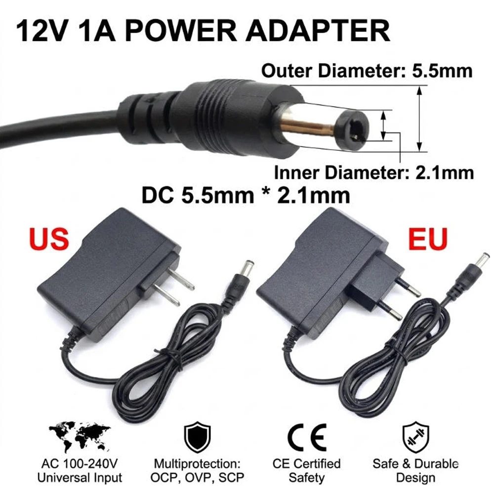 12V 1A Power Supply Adapter AC 100V-240V to DC 12V Converter EU US Plug 5.5mm X 2.1mm for LED Strip Router CCTV Camera