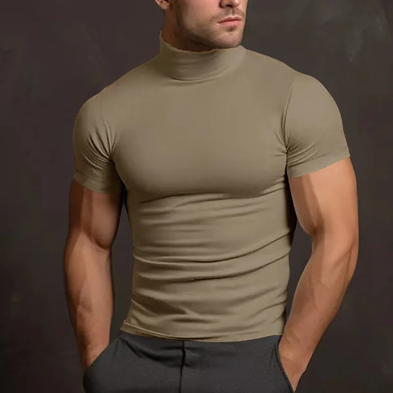 Summer Men Turtleneck Cotton Short Sleeve Slim Body T-Shirt Men Solid Color Base shirt Modale High Collar Short-sleeved Tshirt