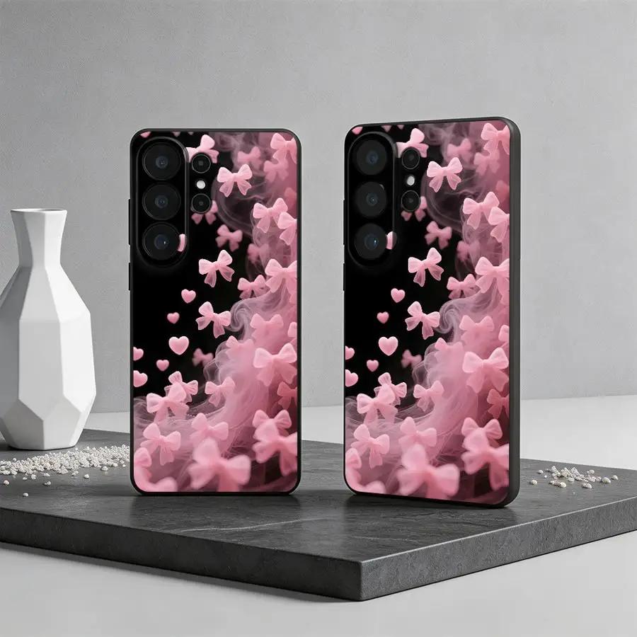 Cartoon Pink Love Bow Case for Samsung Galaxy S26 Ultra S26+ S10 S9 S25 Plus Note 20 8 9 10 S21 FE S20 S24 S23 S24+ S25+ Phone