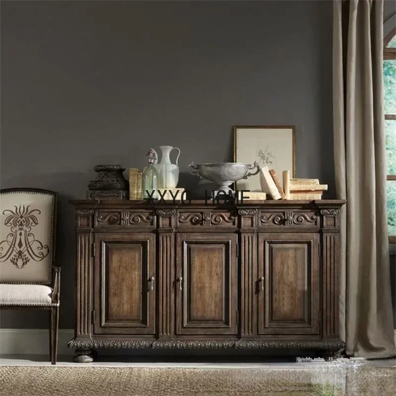 Oak Solid Wood Sideboard Vintage Distressed Carved Three-Door Entrance Cabinet Foyer Curio Cabinet