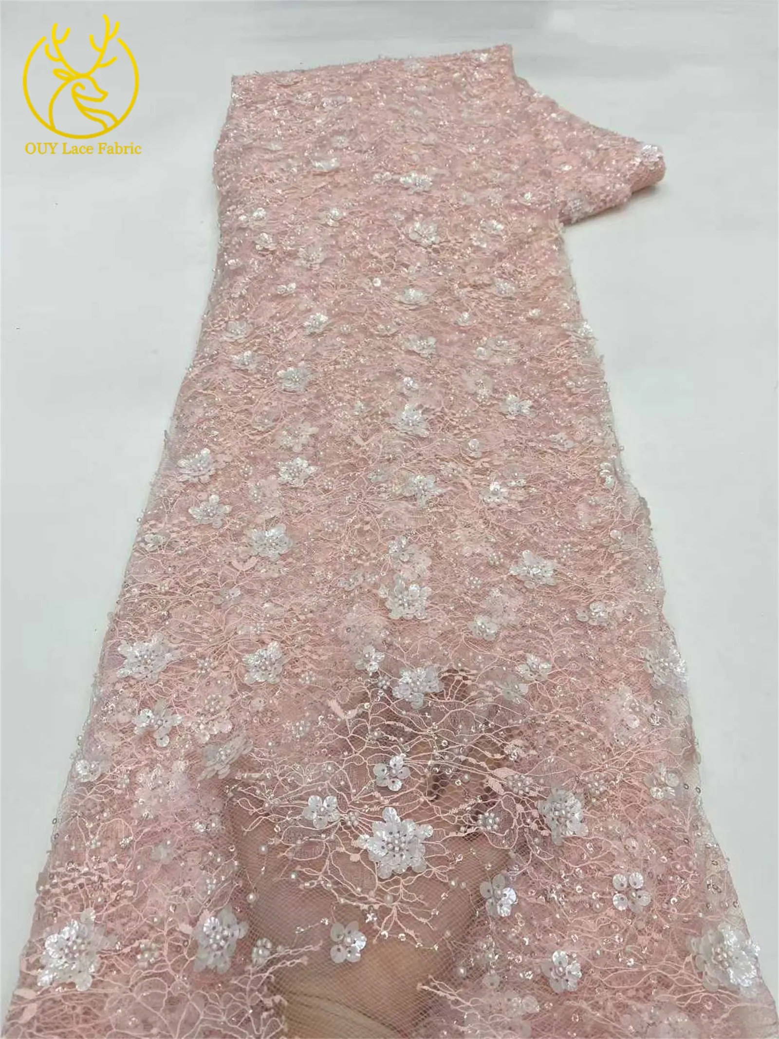 Wunderschöner afrikanischer 3D-Blumen-Pailletten-Spitzenstoff 2026, hochwertige französische nigerianische Perlen-Spitze für Damen-Abendkleider zum Nähen – Detail 7