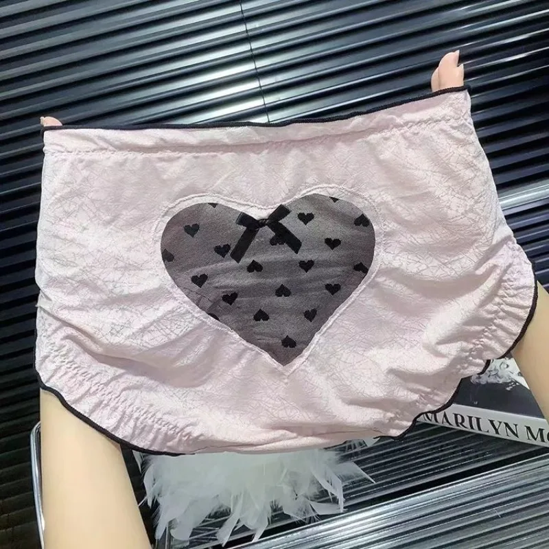 

Add Fat and Net Gauze Pure To Hollow Out Love High-waisted Briefs Female Cute Sexy Seamless Breathable Cotton Crotch Underwear