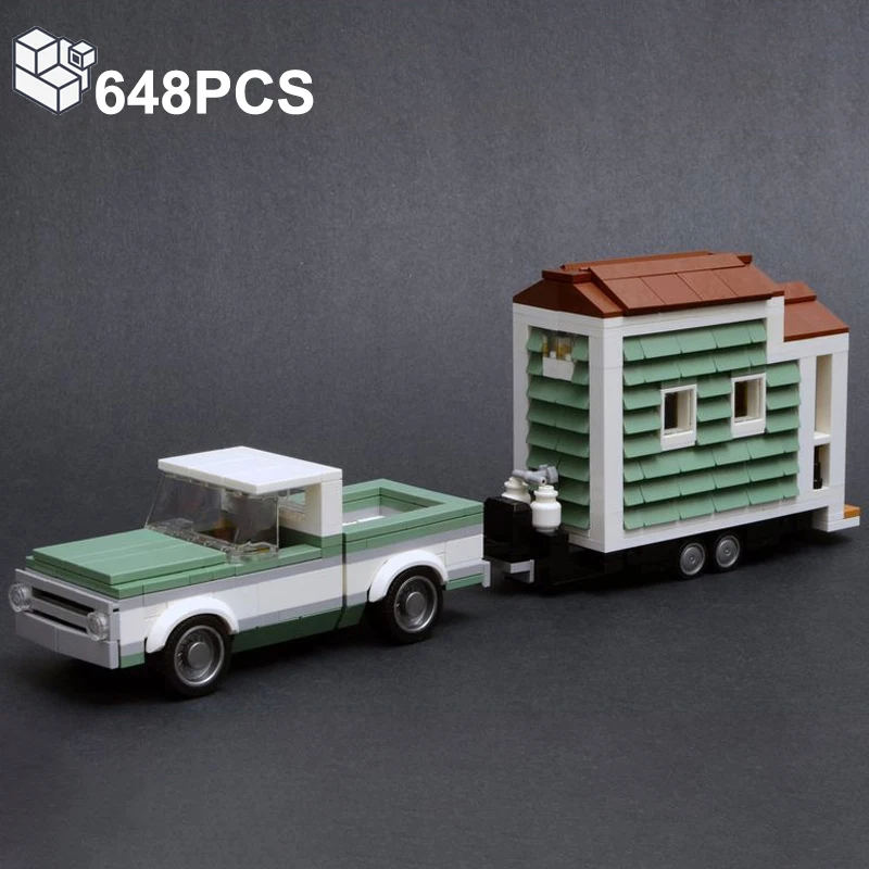 MOC 648PCS 1970s C10 Pick-up Truck With House Trailer Building Blocks Car Vehicle Model Bricks Puzzles Toys Gifts For Kids Boys