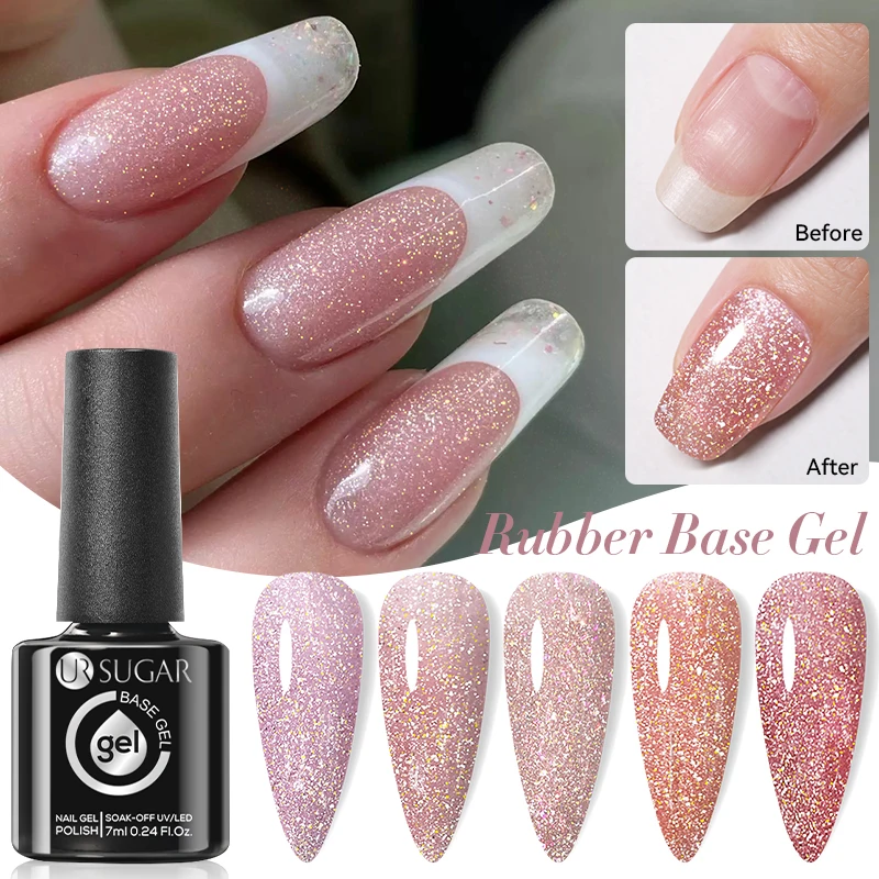 UR SUAGR 7ml Pale Pinkish Gray Rubber Base Gel Glitter Reflective Nail Polish Sparkling Soak Off UV Gel For Profession Salon