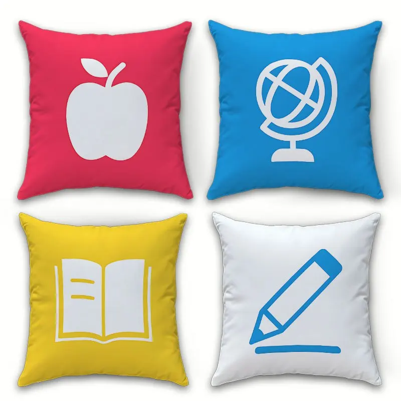 School Icon Pillow Covers, Apple Globe Book Pencil Throw Pillow Cases, Playful Classroom Home Decor for Sofa Bed, No Insert