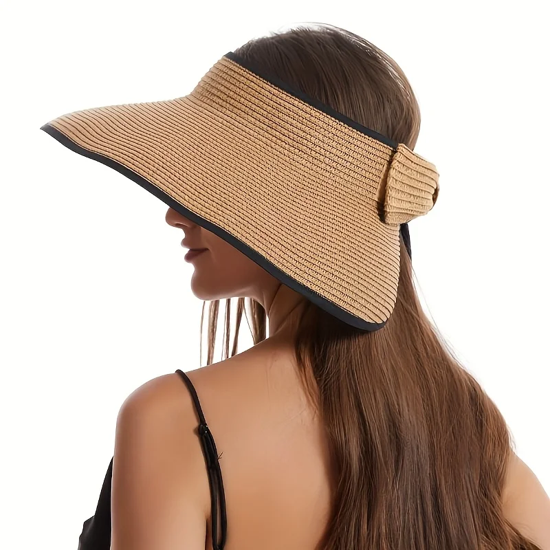 Foldable straw hat for women, summer fashion, black border roll hat, sun protection and sunshade hat, beach vacation travel gift - view 3