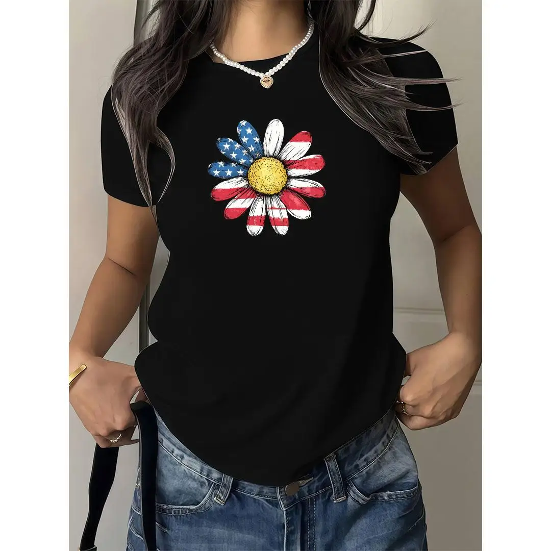 

USA Flag Daisy T-shirt | American Flag Floral Graphic Tee | Patriotic Flower Vintage Top | Women's Casual Short Sleeve Shirt