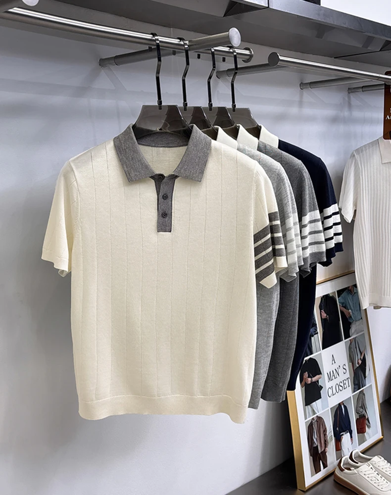 Hochwertiges Stricken Kurzarm POLO Shirt Herren neue Mode Luxus Marke Streifen Design weich komfortabel koreanischer Stil Freizeit Sommer atmungsaktives T-Shirt – Detail 5