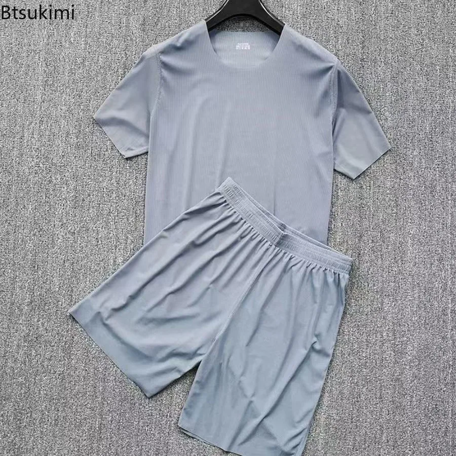 

Мужской летний пижамный костюм из ледяного шелка, тонкие свободные шорты с короткими рукавами, ночная рубашка, мягкая дышащая домашняя одежда, спортивная одежда для дома для мужчин