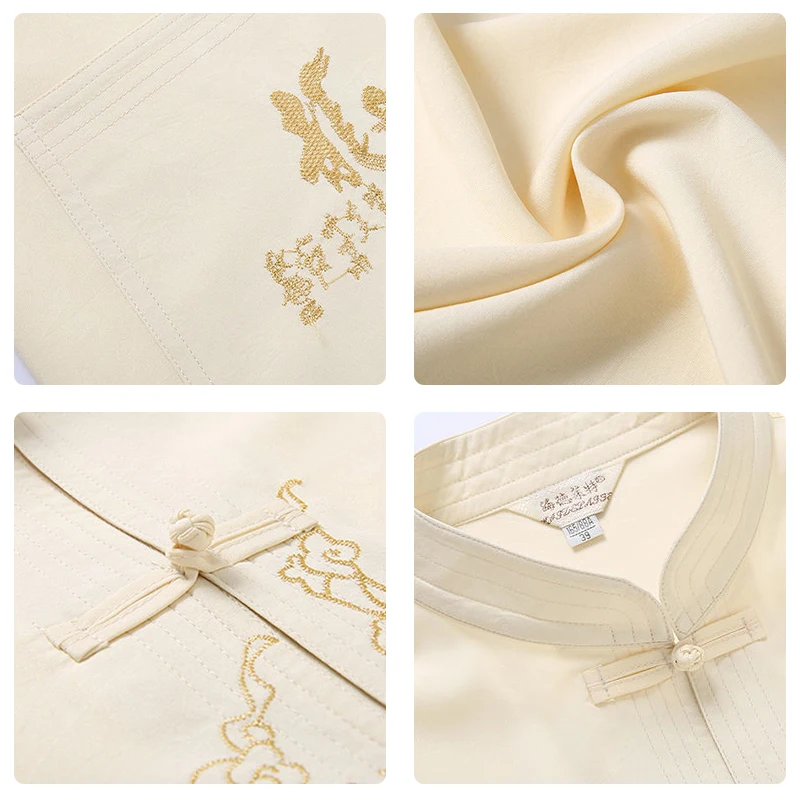 

Chinese Traditional Tang Clothing Top Mandarin Collar Kung Fu Wing Chun Garment Top Short Sleeve Embroidery Dragon Shirt New