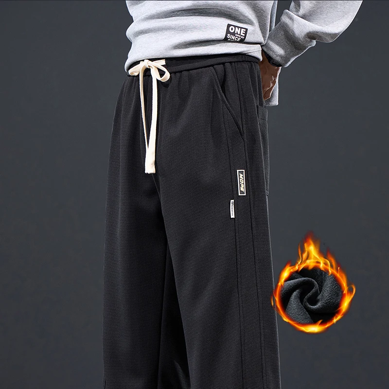 Winter Elastic Men's Fleece Casual Pants Drawstring Thicken Sweatpants Male Korean Fashion Straight Wide Baggy Plush Trousers