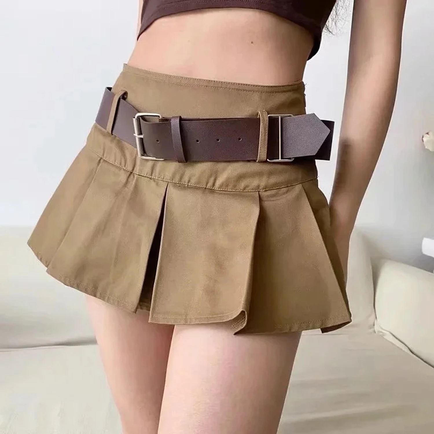 2023 A-line Skirts with Belt Women High Waist Short Skirt Buttons Skirt Female Clothing Female All-match