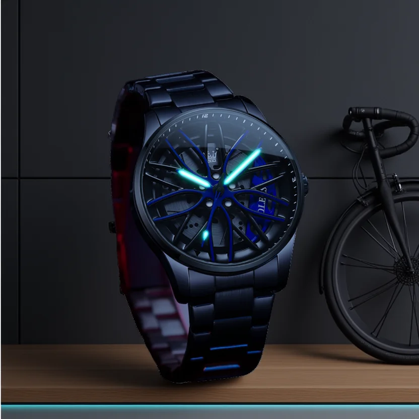 OLEVS Fashion 360° Rotary Dial Quartz Watch for Men Sport Car Rim Wheel Hub Waterproof Luminous Stainless Steel Men's Wristwatch