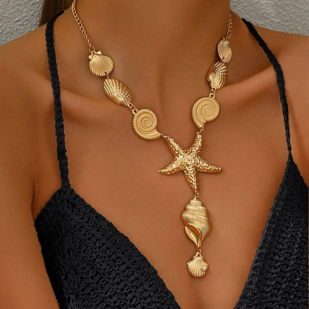 

Summer Ocean Vacation Personality Imitation Pearl Conch Starfish Shell Geometric Necklace for Women Girls Fashion Accessories