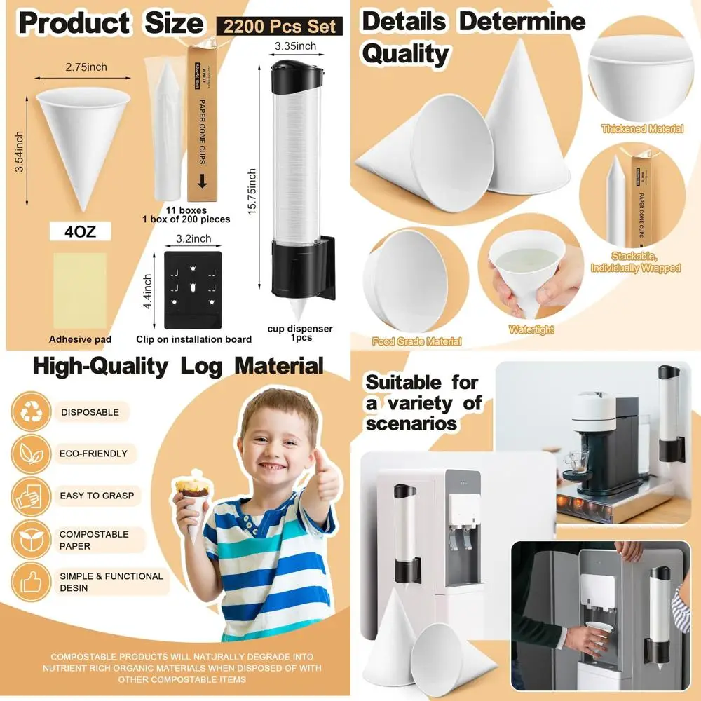 

Утолщенные одноразовые чашки для снежного конуса на 4 унции с настенным диспенсером для чашек, идеально подходят для бритых льда и холодных лакомств (белые)