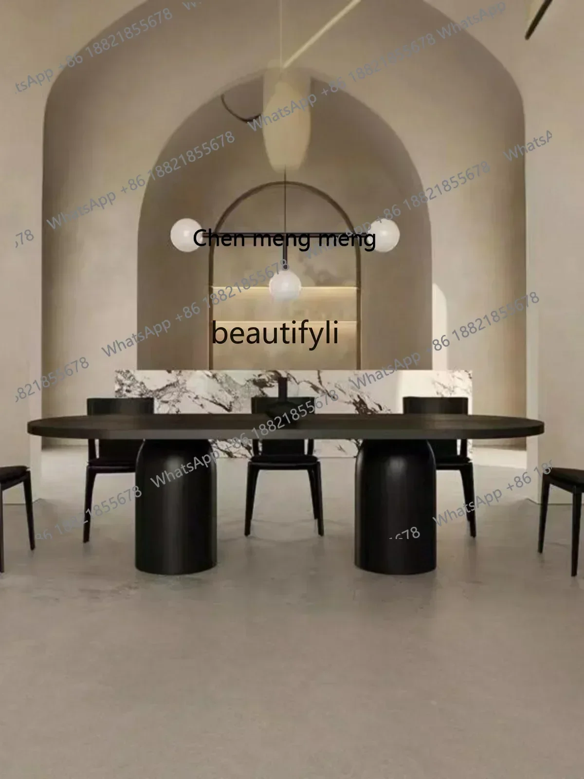 Meja Makan Oval Kayu Solid Nordik X C, Desain Sederhana Modern Warna Hitam Ukuran Besar