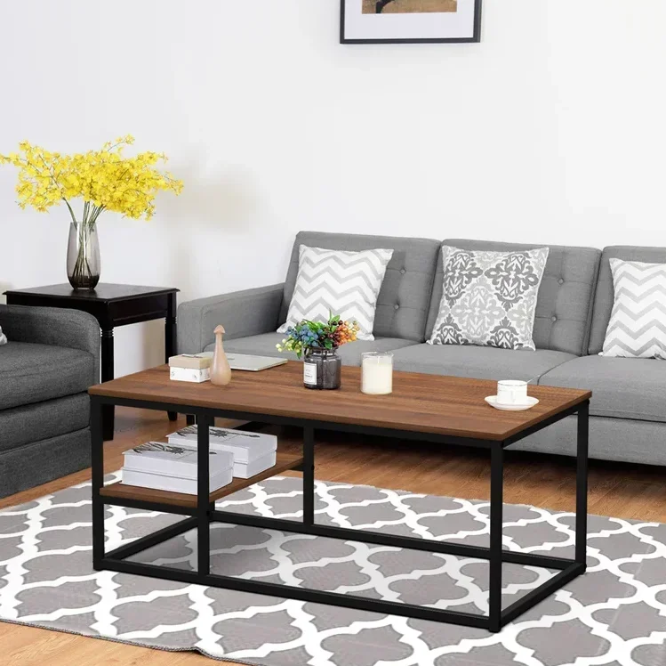 

# Журнальный столик с полкой и металлическим основанием, натуральный цвет, мебель для гостиной, приставной столик, обеденный стол #