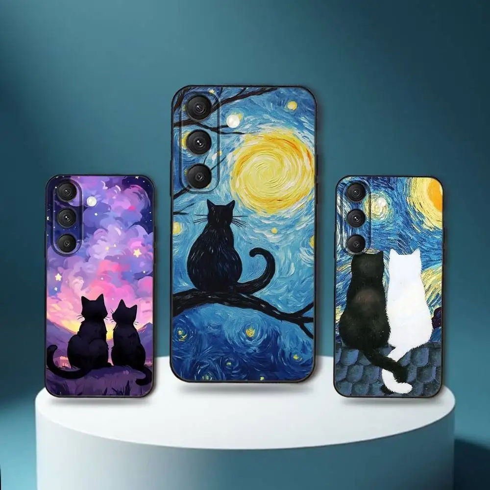 

Art Black Cat Starry Night Phone Case For Samsung S25,S24,S23,S22,S21,S20,S10,Ultra,Plus,Lite,FE,Soft Silicone Black Cover