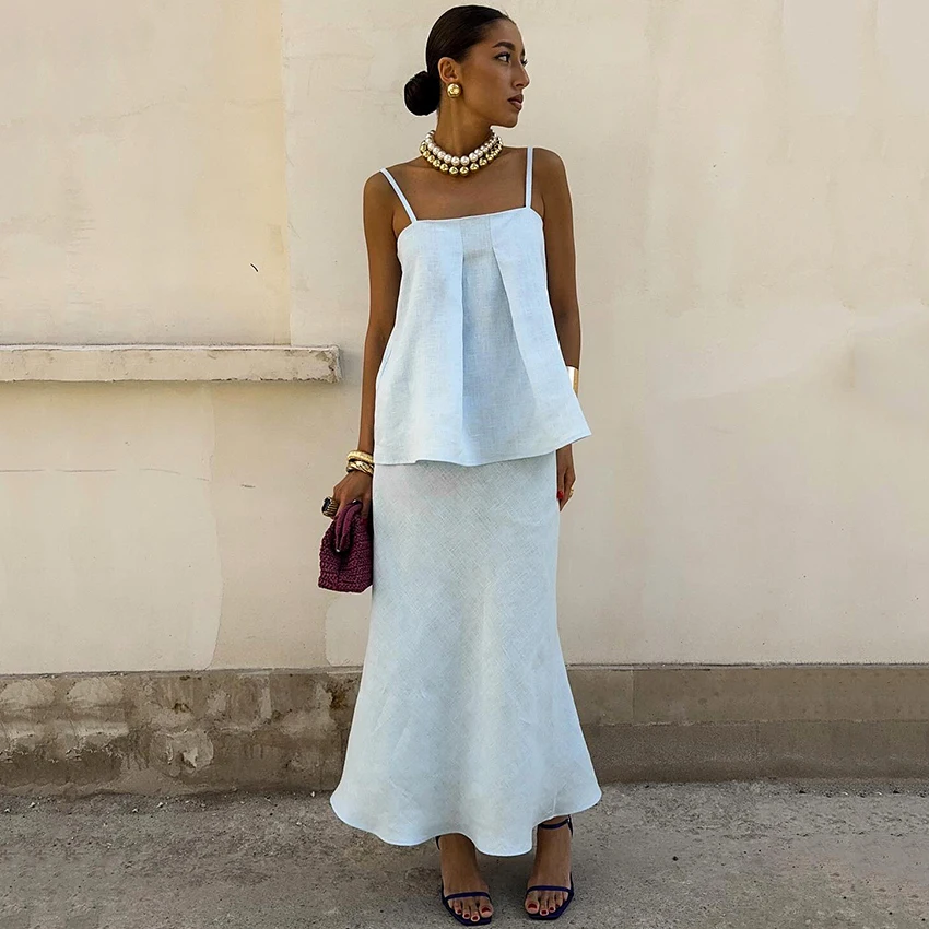 

Linad Элегантные длинные юбки с разрезом, костюмы 2026, хлопковый жилет на тонких бретельках с высокой талией, юбки трапециевидной формы, комплекты из двух предметов, женские пляжные комплекты