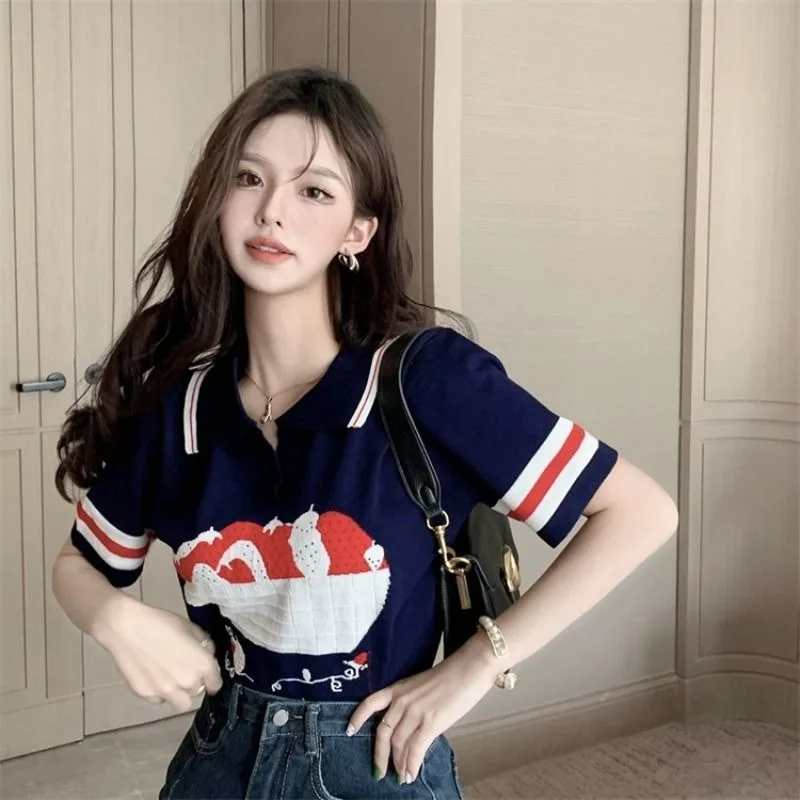 

Универсальная женская футболка-поло с короткими рукавами, новинка 2025, нишевая футболка-поло во французском стиле, темпераментный шикарный топ