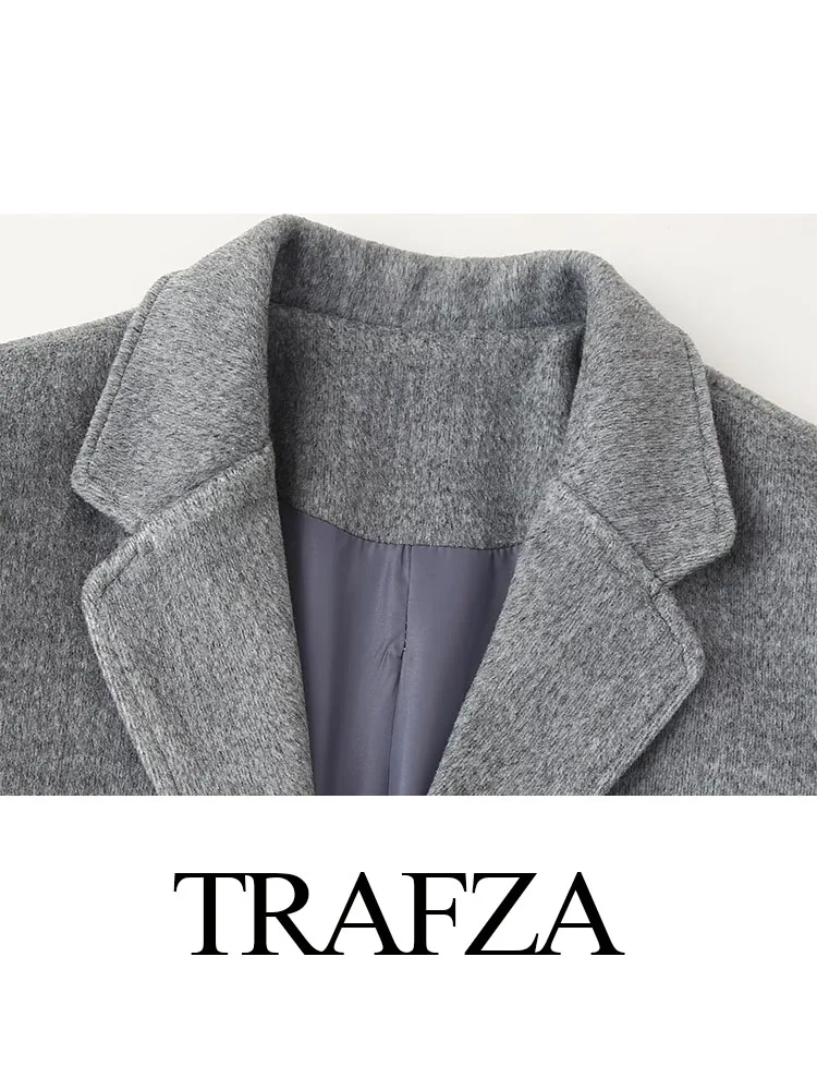 TRAFZA-Blazer en laine à col rabattu pour femme, manteau avec poches, bouton unique, design élégant, manches longues, monochrome, haut décontracté, automne