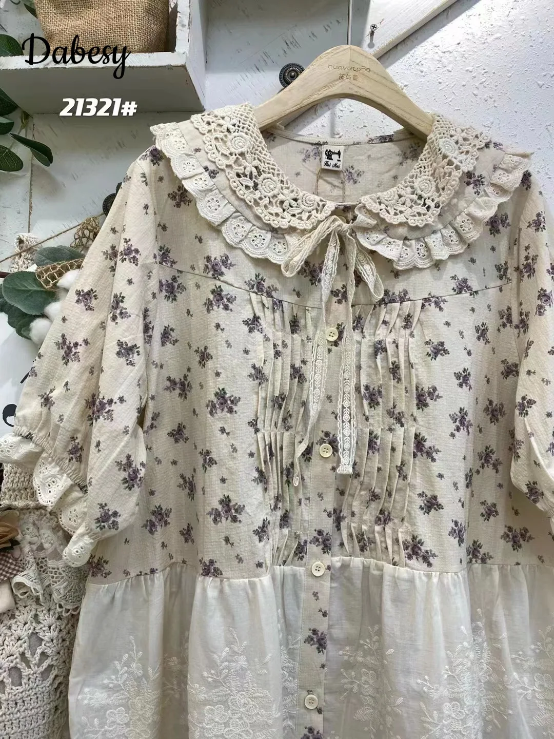 Mori Girl Cotton Linen Lolita Blouses Women Vintage Kawaii Bow Lace-up Hollow out Peter Pan Collar Patchwork Flower Shirt Tops