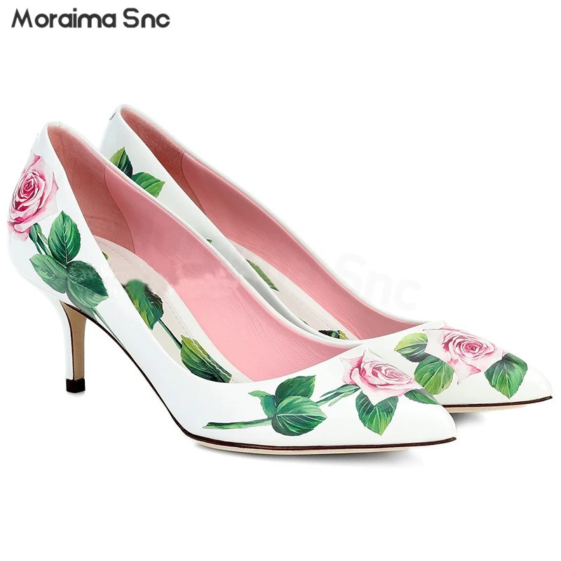 

Pink Gem Rhinestone Luxury Pumps Pointed Toe Stiletto Shallow Mouth Leaf Print High Heels Fashion Professional Women's Shoes