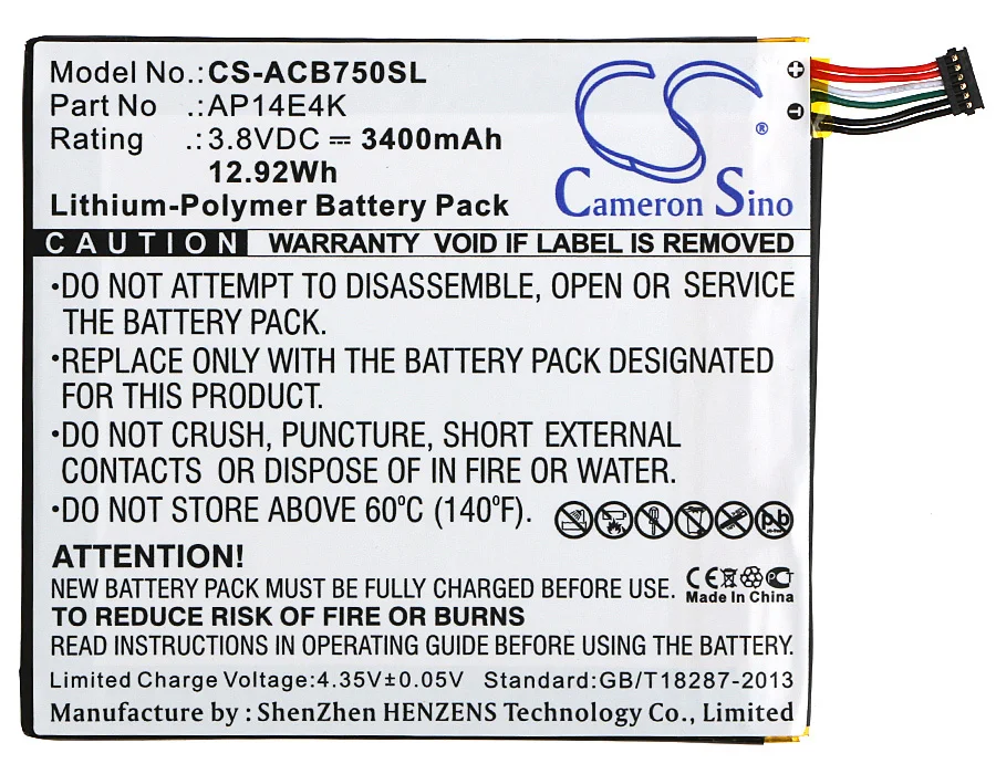 GreenBatteryPower-Batería de polímero de litio para tableta Acer Iconia One 7 B1-750,AP14E4K,KT00104001, 3400mAh, 3,8 V, 12.92Wh