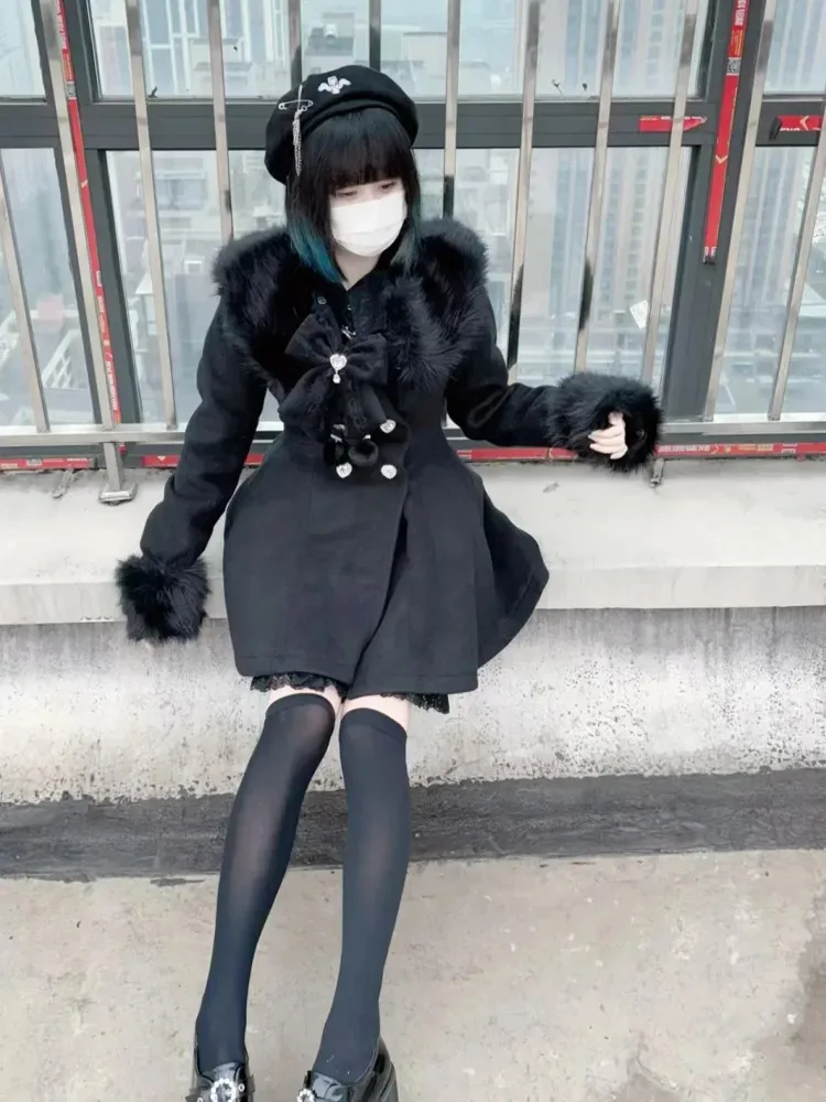 Japanese Kawaii Parkas Long Sleeve Princess Style Coat + Bow Scarf Sweet Women Casual Two Piece Set Lolita Autumn Clothing