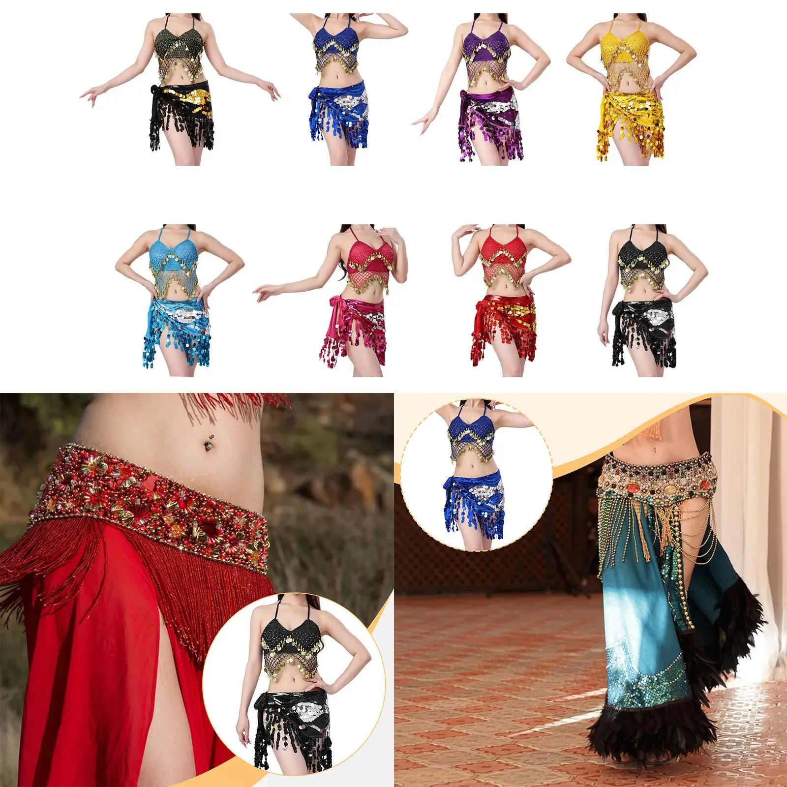 Belly Dancer Outfit Hip Scarf Set Sequin Tassel Skirt and Top Performance Clothing for Music Festival Dance