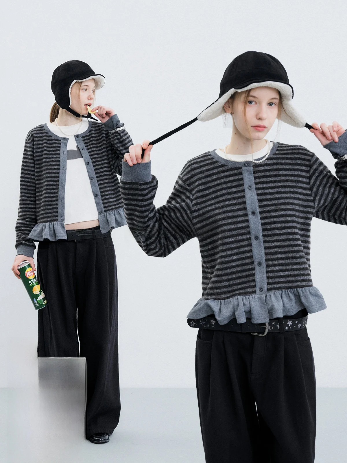 

Kokoasoko Women's Knitted Cardigan Sweater Coat Loose round Neck Lace Trim Gray Black Stripe Spring Autumn Fashion Ladies' Cl...
