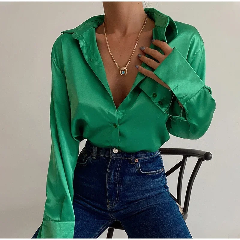 Spring Satin Long Sleeve Blouses Women 2024 Autumn Vintage Blue Green Silk Shirt Women Casual Loose Button Up Street Shirts