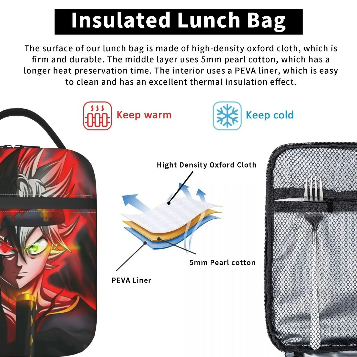 Zwarte Klavers Anime Geïsoleerde Lunchtas Koeltas Maaltijdcontainer Avontuur Draagbare Draagtas Lunchbox Voor Mannen Vrouwen School Reizen