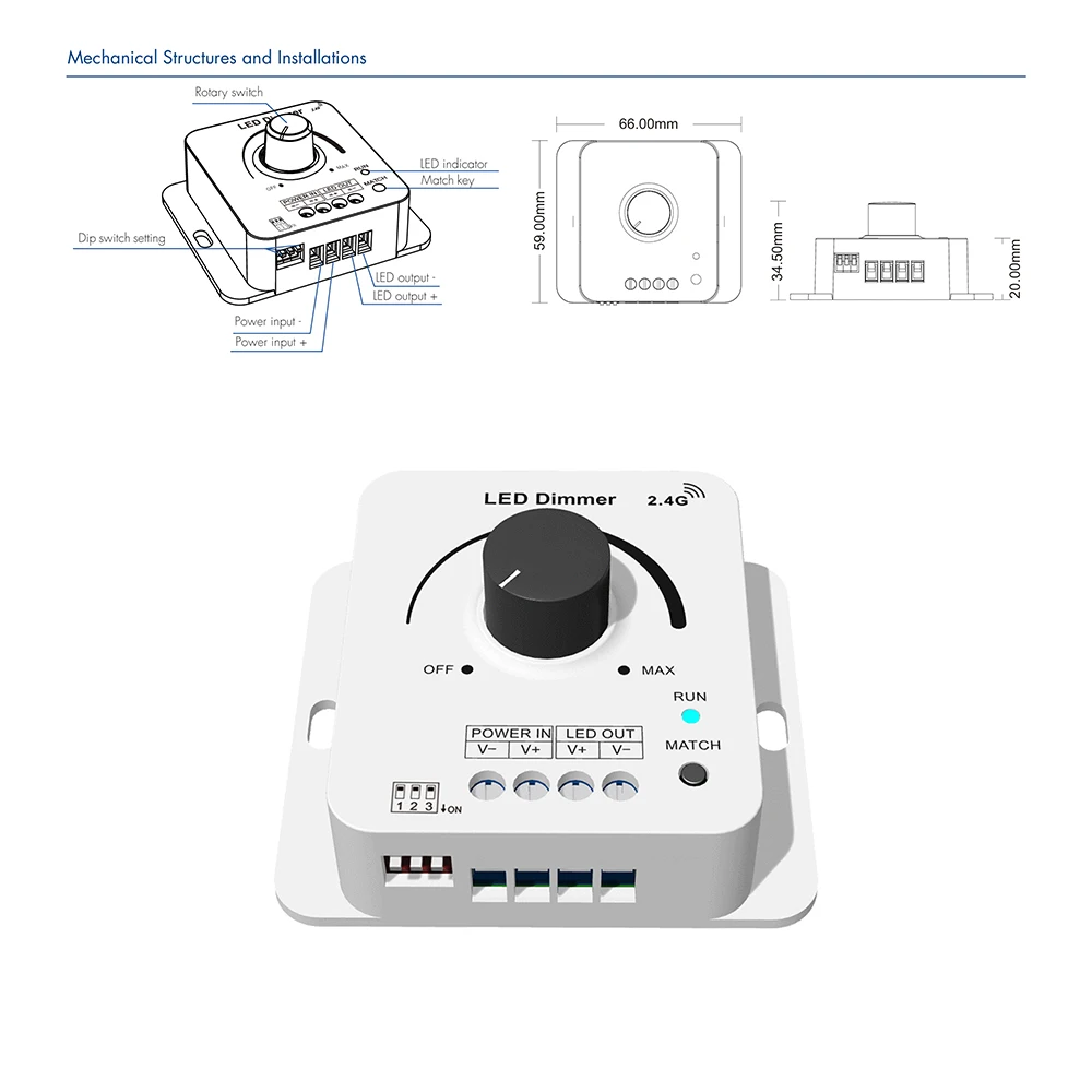 Skydance V1-KS DC12-48V Rotary knob +2.4GHzRF PWM LED Dimmer Switch Brightness Adjustable Controller For Single Color LED Strip