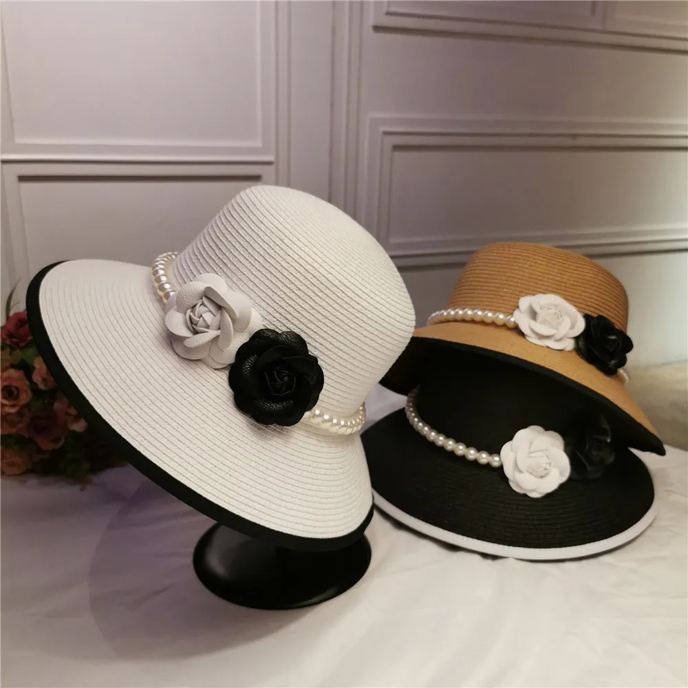 French retro elegant straw hat Hepburn pearl flower fisherman hat seaside holiday beach hat sunshade sunblock hat lady