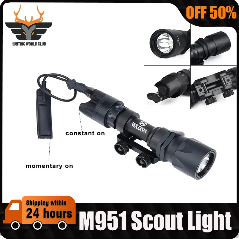 WADSN M951 Metal Flashlight 600lm WhiteLight Hunting Airsoft Weapon Light Accessory With Pressure Switch Fit 20mm Picatinny Rail