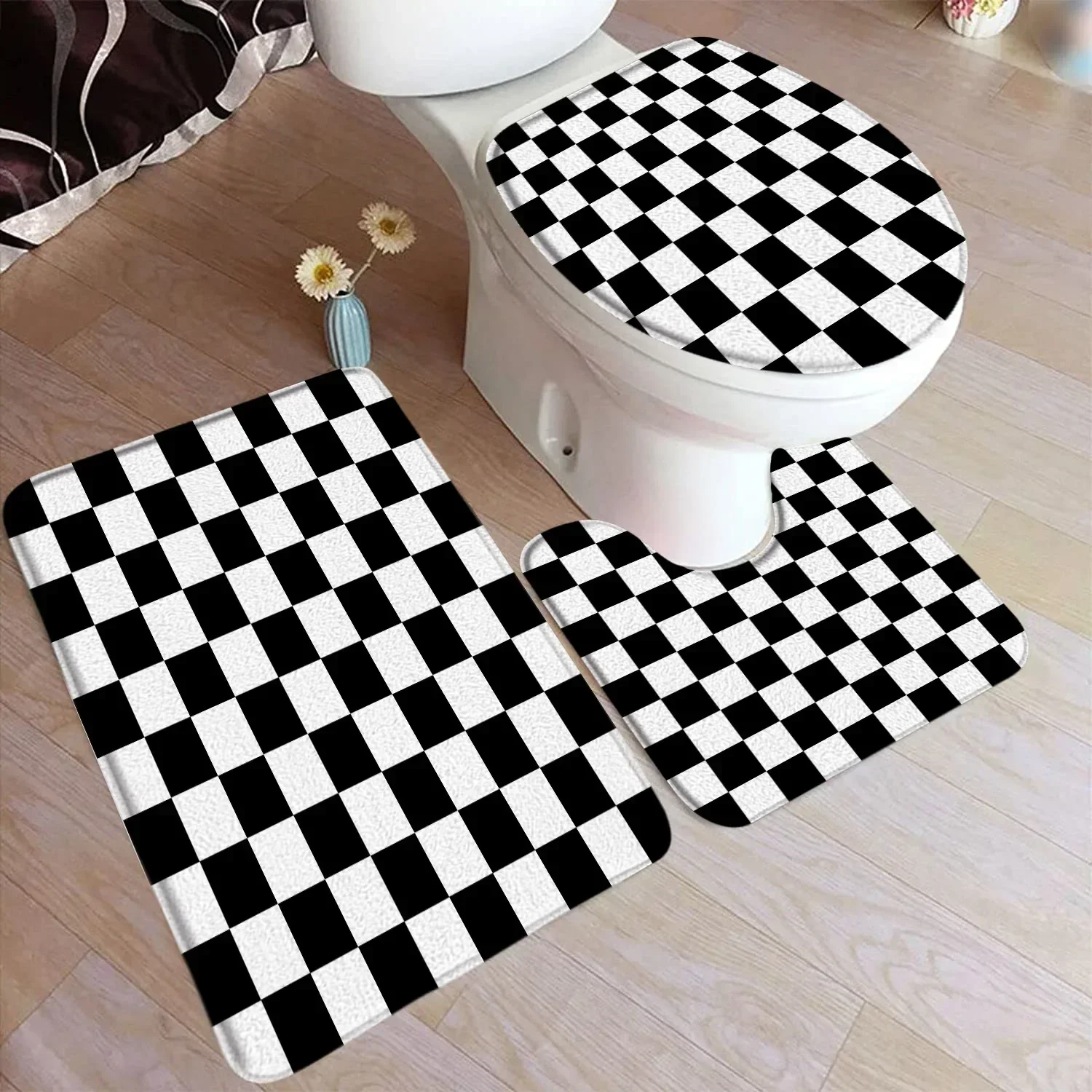 Pink White Plaid Bath Mat Set Modern Nordic Style Geometric Art Home Doormat Carpet Bathroom Decor Floor Rugs Toilet Lid Cover