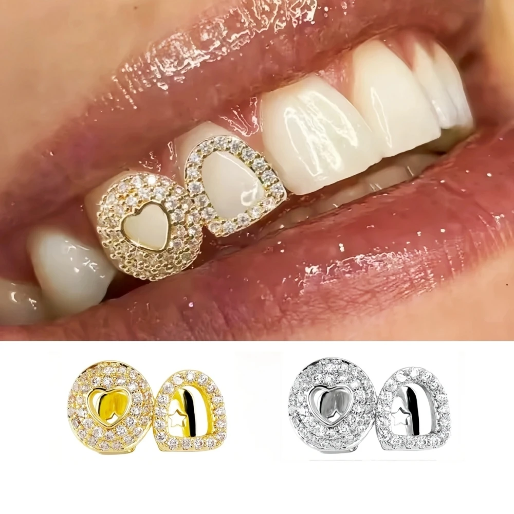 

Зубные грилзы Iced Out с полным покрытием фианитами, двойным полым сердцем, винтажные, блестящие, из циркона, для женщин и мужчин, рэперские украшения