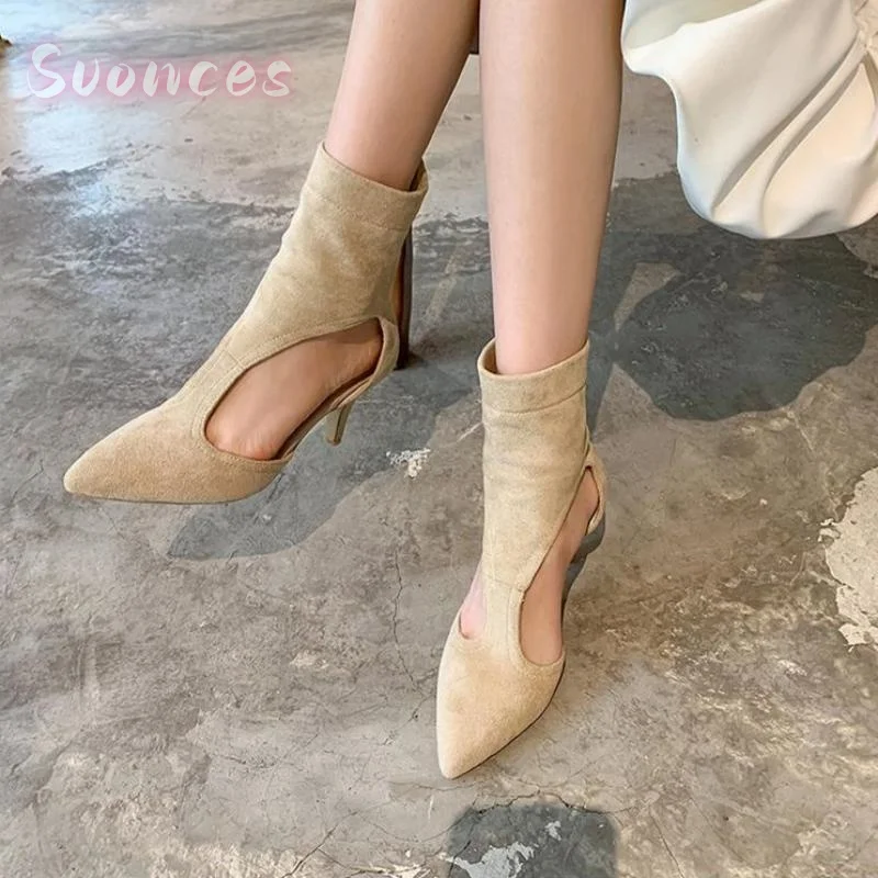 Elegant Sharp Point Ankle Boots Smooth Matte Suede Side Cutout Panel Rear Zip Fastener Slip Construction Sleek Elevated Stiletto