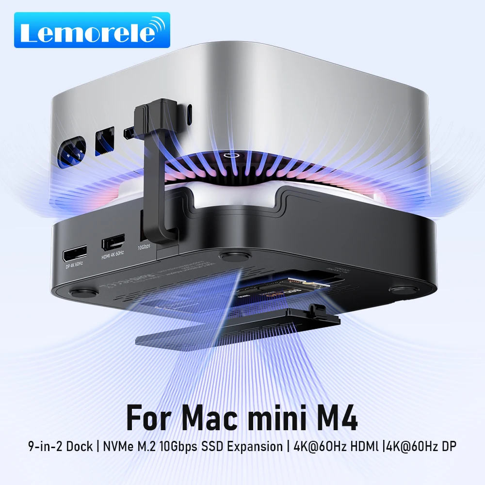 

Док-станция Lemorele 9-в-2 с USB-хабом, Type-C на DP 4K 60Гц, HDMI, слотом M.2 NVMe SSD 10 Гбит/с, SD и TF для Mac Mini M4, док-станция и подставка