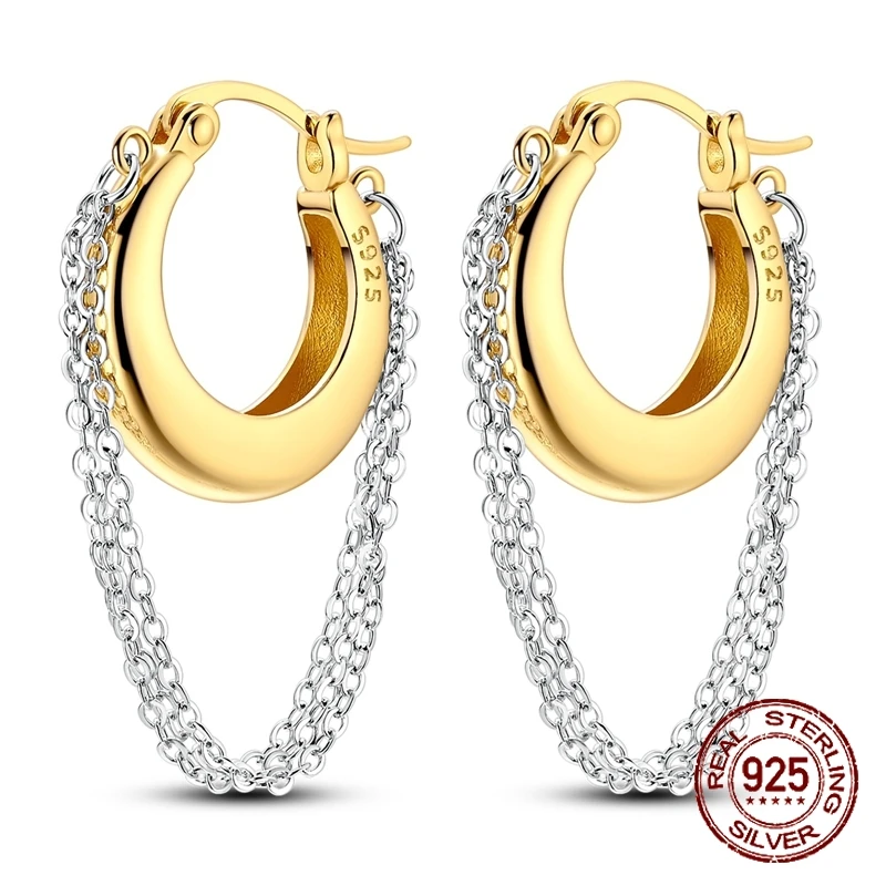 

925 Sterling Silver Two-Tone Hoop Earrings Double Chain Dangle Golden Punk Chain Huggie Earrings Jewelry Gift for Women Girls